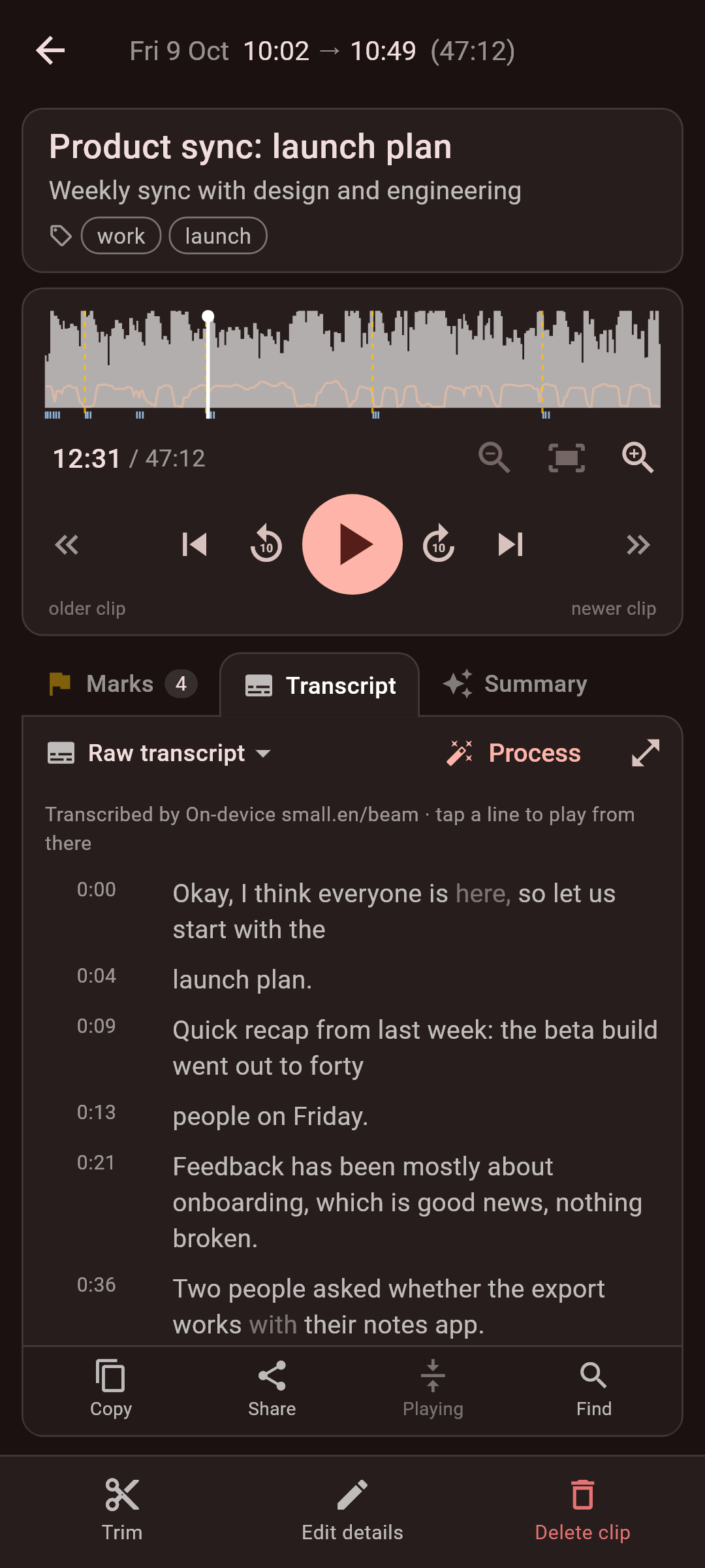 A clip's transcript with a mark